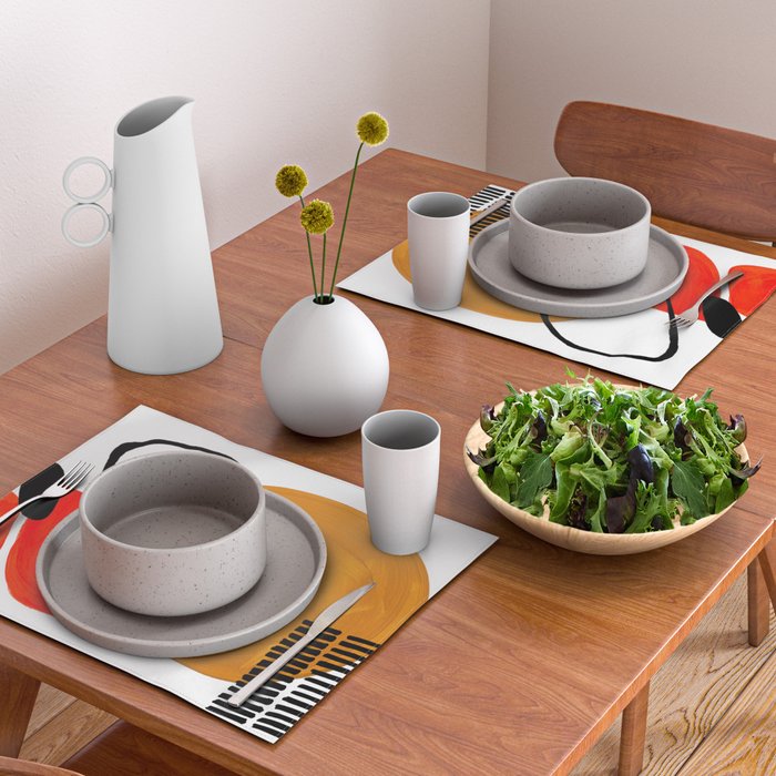 Mid Century Modern Abstract Vintage Pop Art Space Age Pattern Orange Yellow Black Orbit Accent Placemat Gallery Image 2