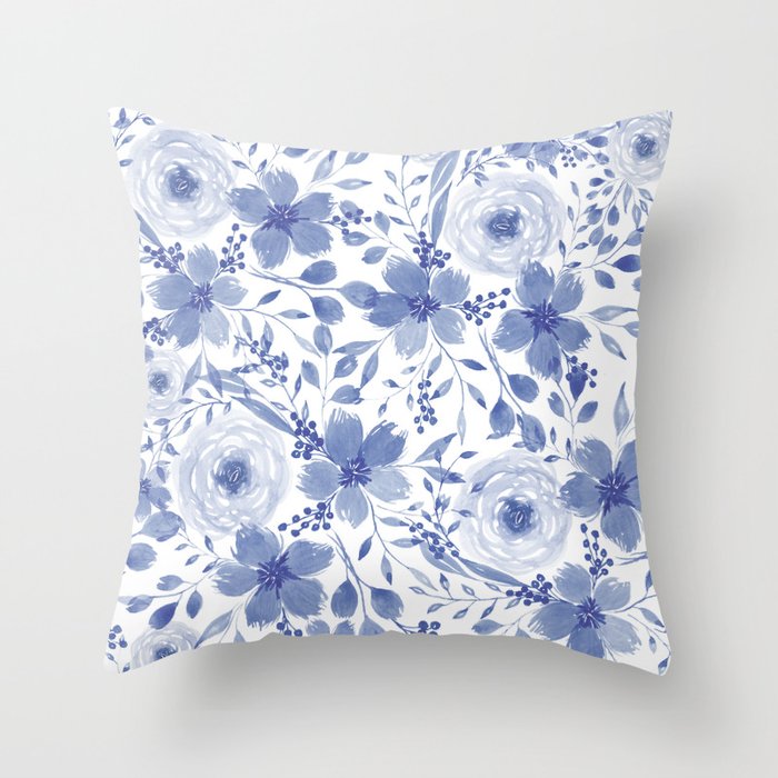 Blue and White Watercolor Florals Throw Pillow Gallery Image 6
