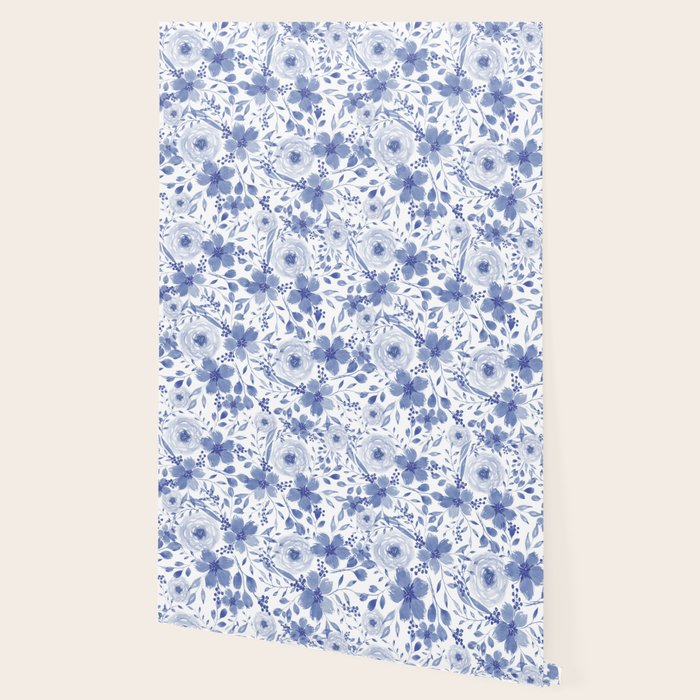 Blue and White Watercolor Florals Wallpaper Gallery Image 2