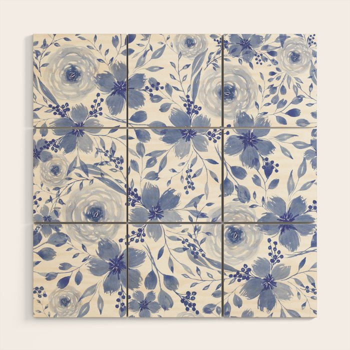 Blue and White Watercolor Florals Wood Wall Art Gallery Image 1