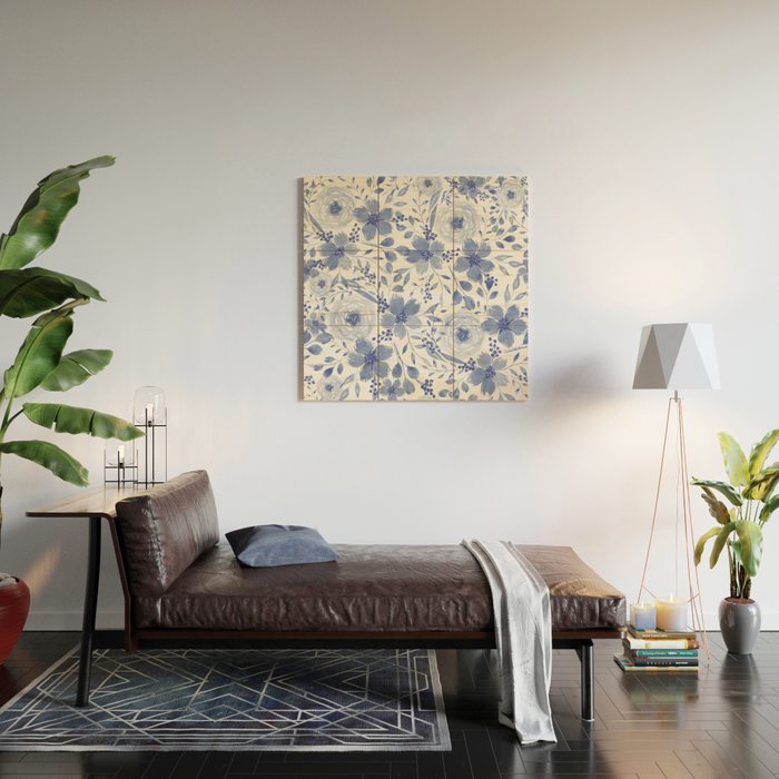 Blue and White Watercolor Florals Wood Wall Art Gallery Image 2