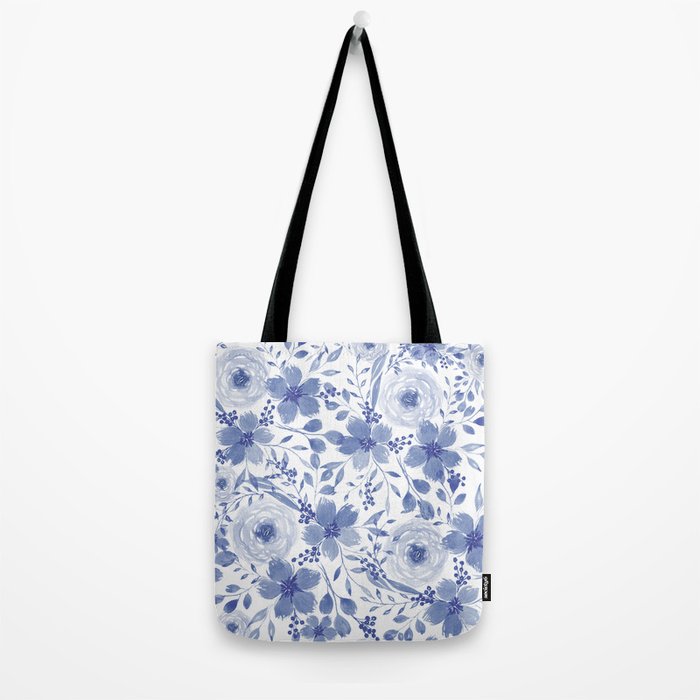 Blue and White Watercolor Florals Tote Bag Gallery Image 2