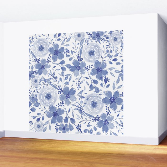 Blue and White Watercolor Florals Wall Mural Gallery Image 2