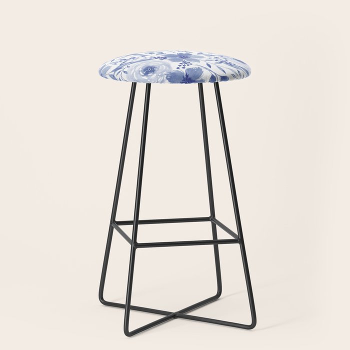 Blue and White Watercolor Florals Stool Gallery Image 1