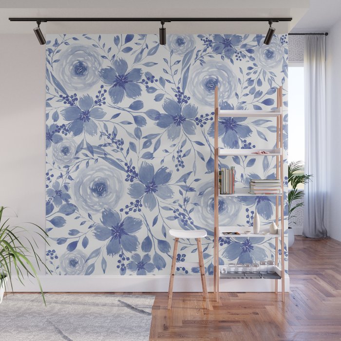 Blue and White Watercolor Florals Wall Mural Gallery Image 1