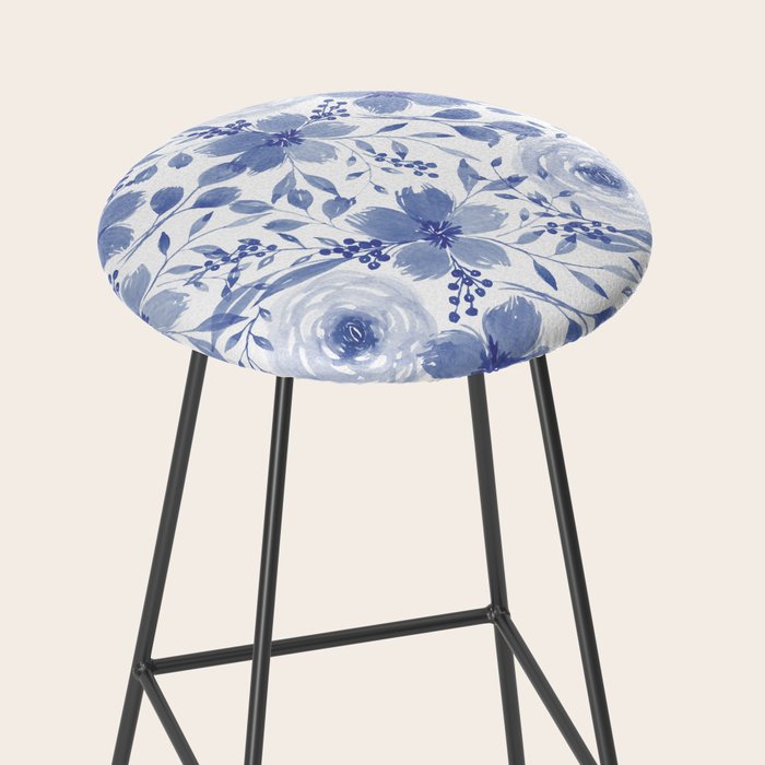 Blue and White Watercolor Florals Stool Gallery Image 2