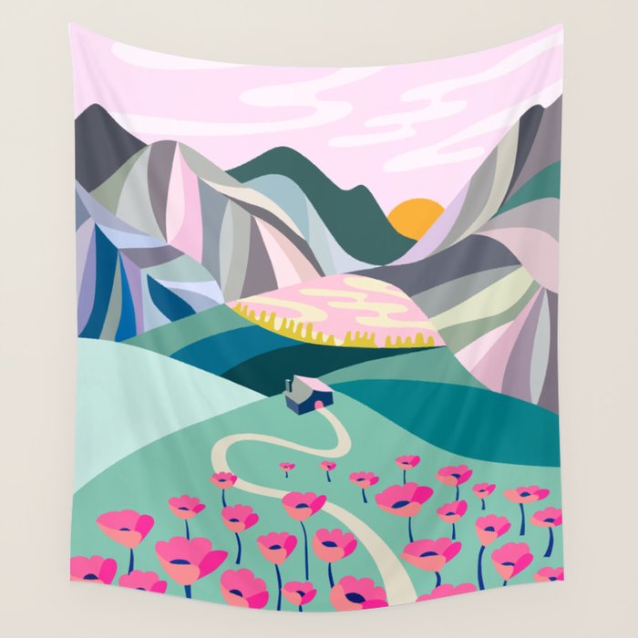 Landscape mountains 001 (Pink version) Wall Tapestry Gallery Image 4