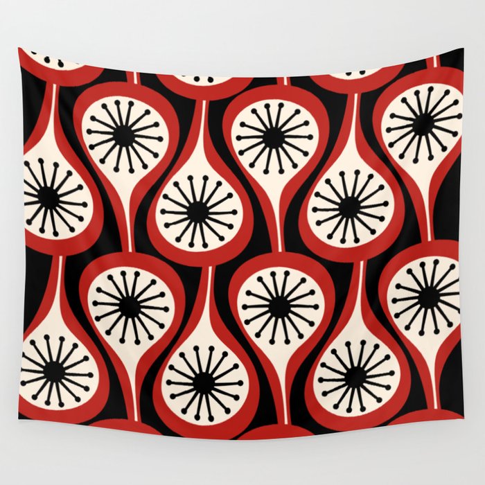 Mid Century Modern Atomic Drops Pattern Red Black Cream Wall Tapestry Gallery Image 4