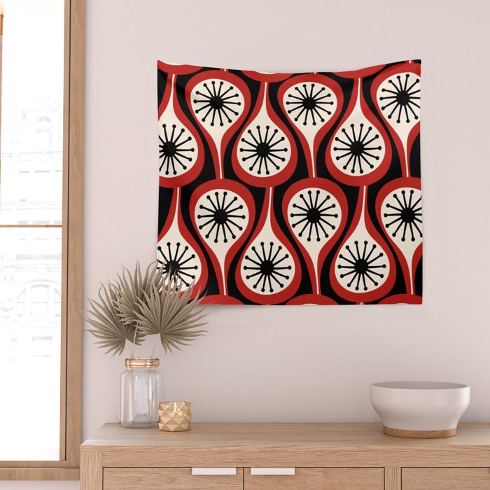 Mid Century Modern Atomic Drops Pattern Red Black Cream Wall Tapestry Gallery Image 2