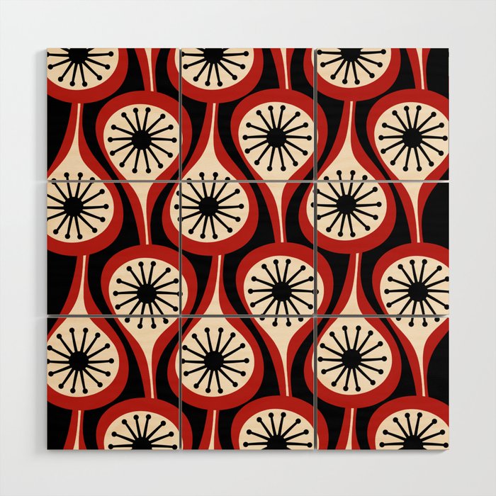 Mid Century Modern Atomic Drops Pattern Red Black Cream Wood Wall Art Gallery Image 1
