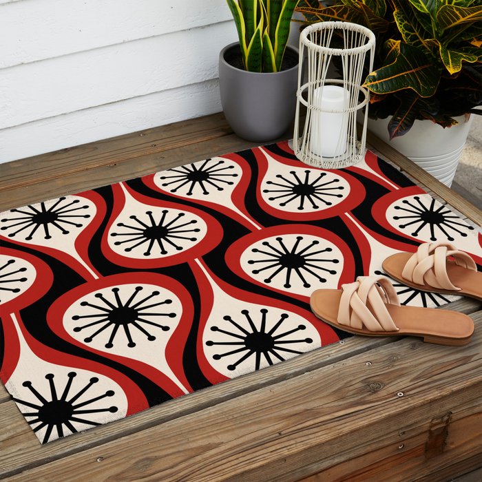 Mid Century Modern Atomic Drops Pattern Red Black Cream Outdoor Rug Gallery Image 2