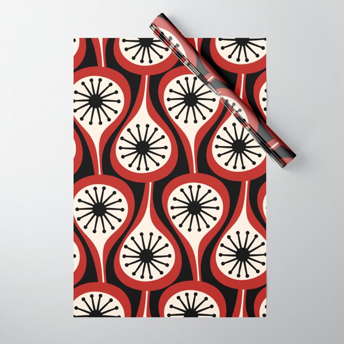 Mid Century Modern Atomic Drops Pattern Red Black Cream Wrapping Paper Gallery Image 1