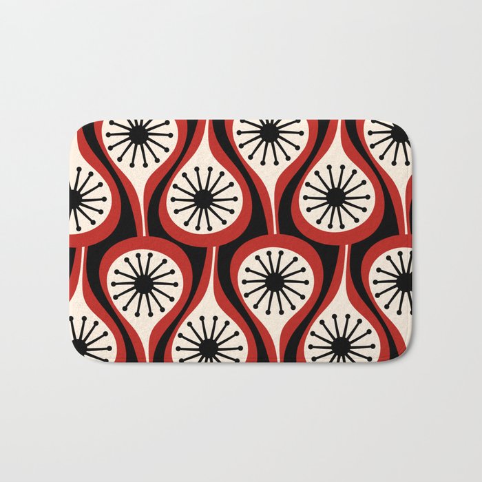Mid Century Modern Atomic Drops Pattern Red Black Cream Bath Mat Gallery Image 1