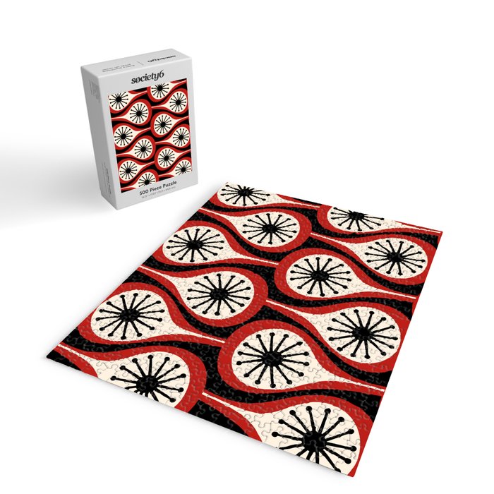 Mid Century Modern Atomic Drops Pattern Red Black Cream Jigsaw Puzzle Gallery Image 2