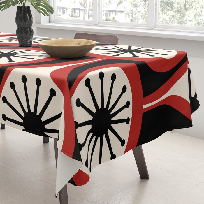 Mid Century Modern Atomic Drops Pattern Red Black Cream Tablecloth Gallery Image 3