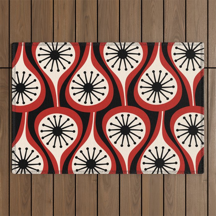 Mid Century Modern Atomic Drops Pattern Red Black Cream Outdoor Rug Gallery Image 1