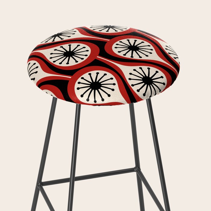 Mid Century Modern Atomic Drops Pattern Red Black Cream Stool Gallery Image 2