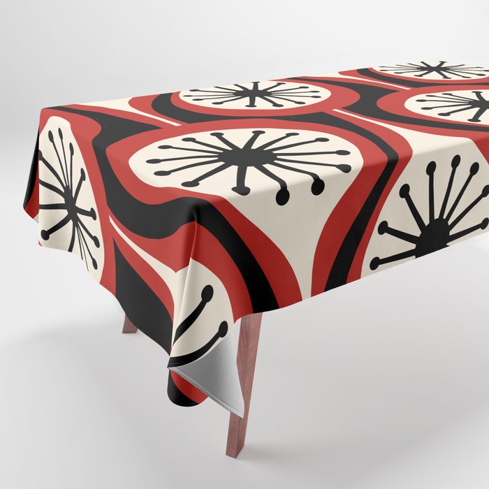 Mid Century Modern Atomic Drops Pattern Red Black Cream Tablecloth Gallery Image 1