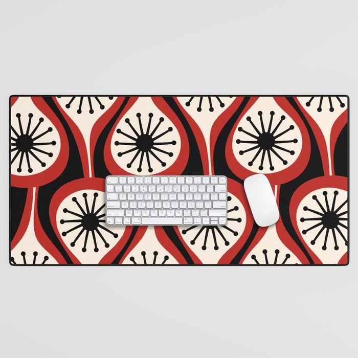 Mid Century Modern Atomic Drops Pattern Red Black Cream Desk Mat Gallery Image 1