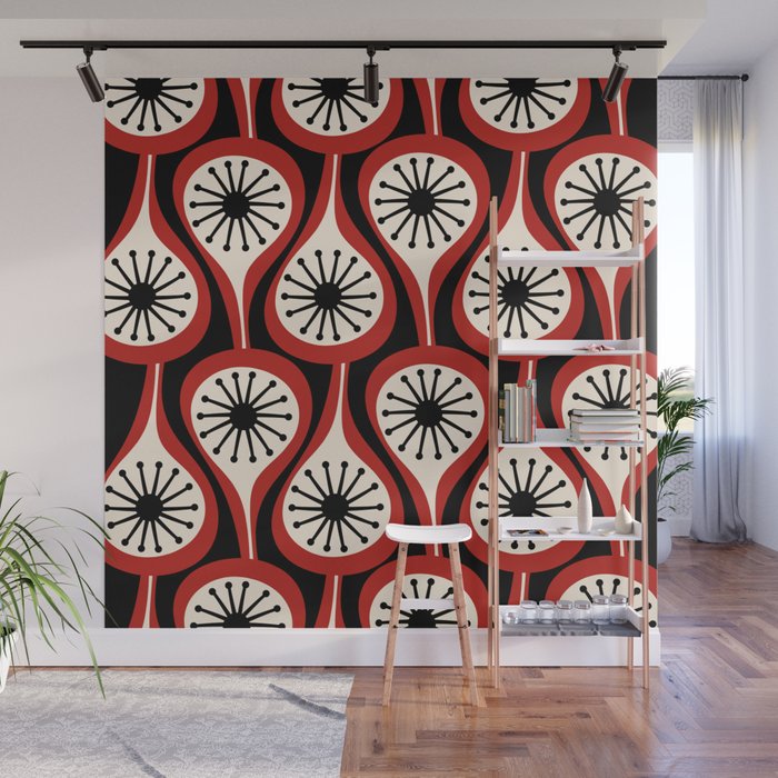 Mid Century Modern Atomic Drops Pattern Red Black Cream Wall Mural Gallery Image 1