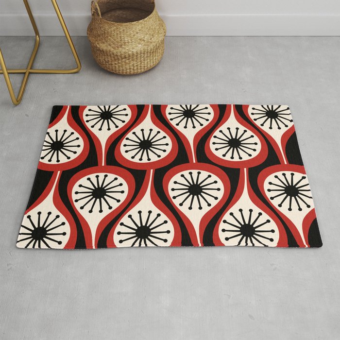 Mid Century Modern Atomic Drops Pattern Red Black Cream Rug Gallery Image 1