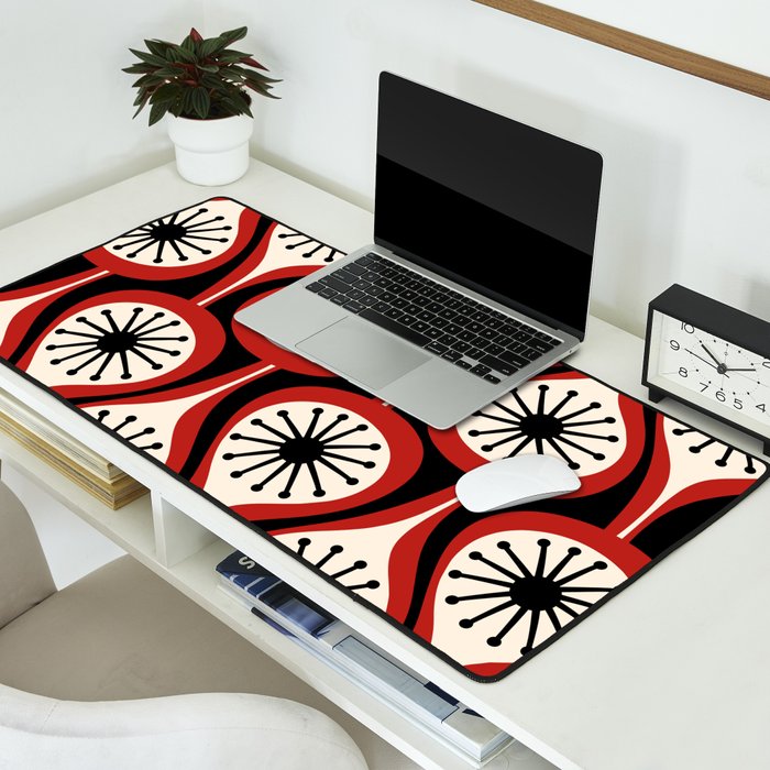 Mid Century Modern Atomic Drops Pattern Red Black Cream Desk Mat Gallery Image 2
