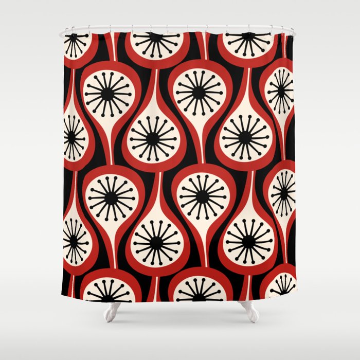 Mid Century Modern Atomic Drops Pattern Red Black Cream Shower Curtain Gallery Image 1
