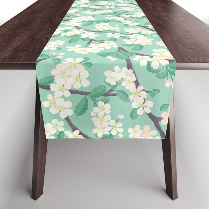 Apple Blossoms Pattern on Green Table Runner Gallery Image 1