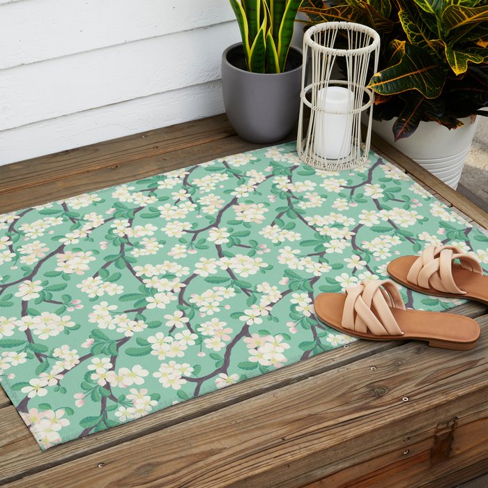 Apple Blossoms Pattern on Green Outdoor Rug Gallery Image 2