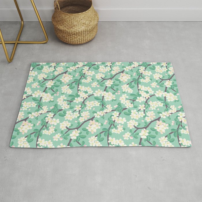 Apple Blossoms Pattern on Green Rug Gallery Image 1