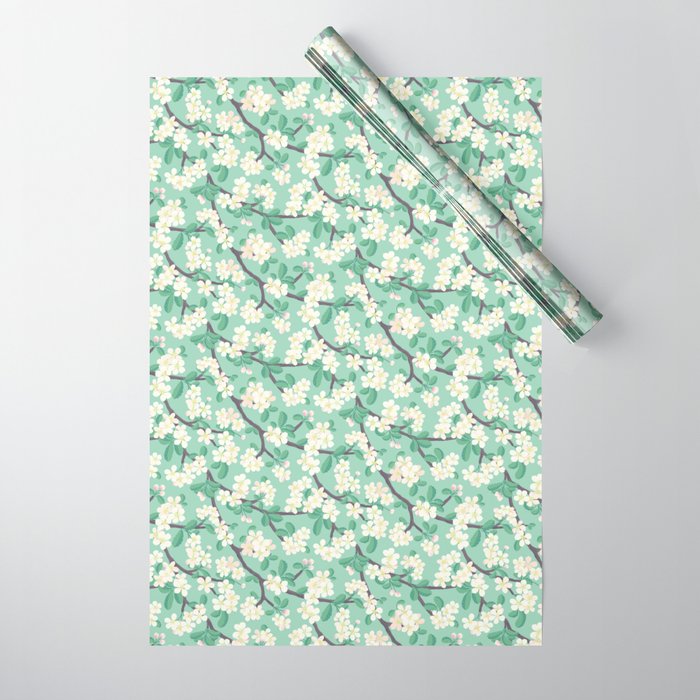Apple Blossoms Pattern on Green Wrapping Paper Gallery Image 1