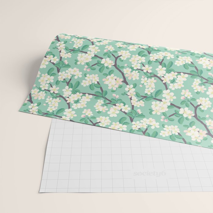 Apple Blossoms Pattern on Green Wrapping Paper Gallery Image 2
