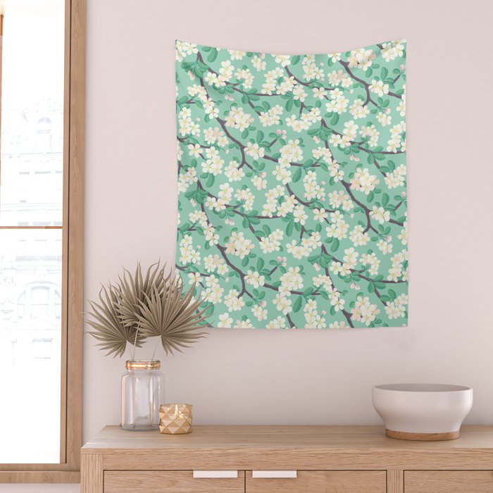 Apple Blossoms Pattern on Green Wall Tapestry Gallery Image 2