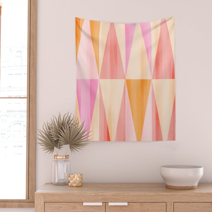 Mid Mod Deco Diamond Pattern 2. Peachy Wall Tapestry Gallery Image 2