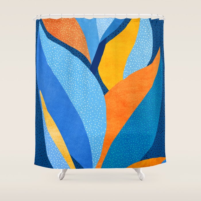 First Light - Orange and Blue Abstract Botanical Shower Curtain Gallery Image 1