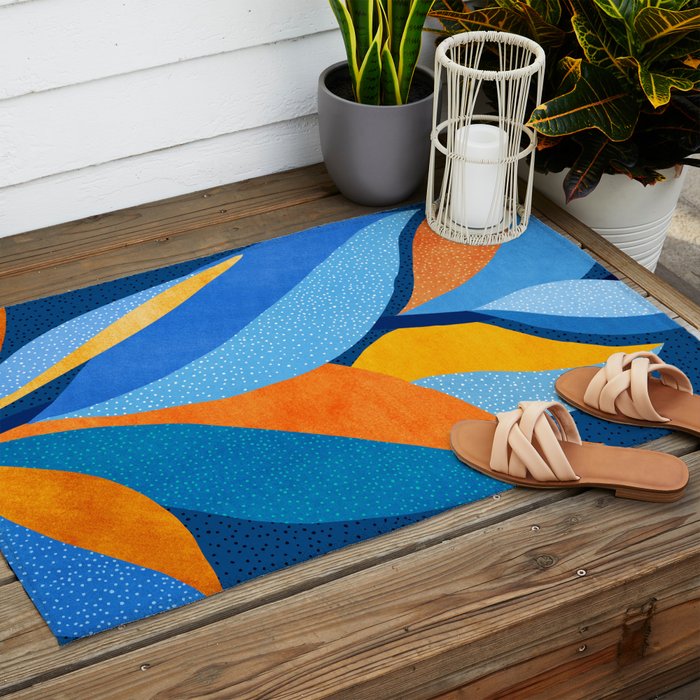 First Light - Orange and Blue Abstract Botanical Outdoor Rug Gallery Image 2