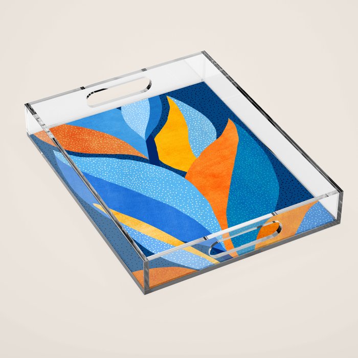 First Light - Orange and Blue Abstract Botanical Acrylic Tray Gallery Image 1