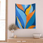 First Light - Orange and Blue Abstract Botanical Wall Tapestry Gallery Image 2