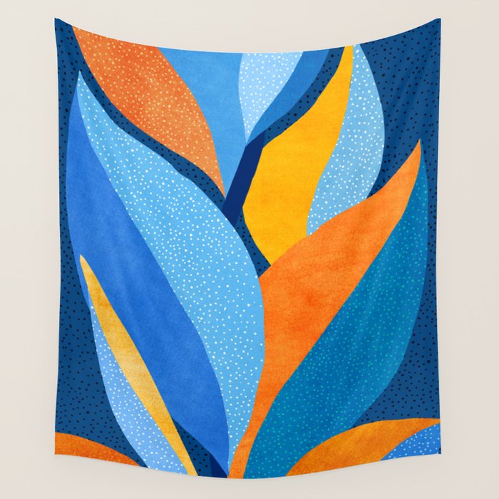 First Light - Orange and Blue Abstract Botanical Wall Tapestry Gallery Image 4