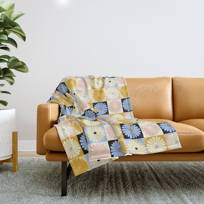 Retro Flowers Check Pattern XXVII Throw Blanket Gallery Image 1