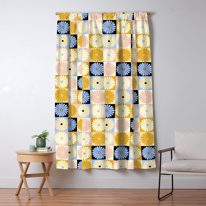 Retro Flowers Check Pattern XXVII Window Curtain Gallery Image 1
