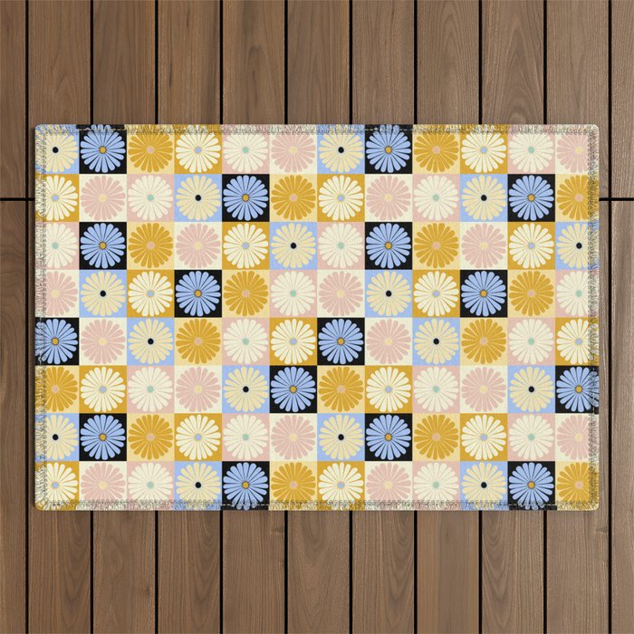 Retro Flowers Check Pattern XXVII Outdoor Rug Gallery Image 1