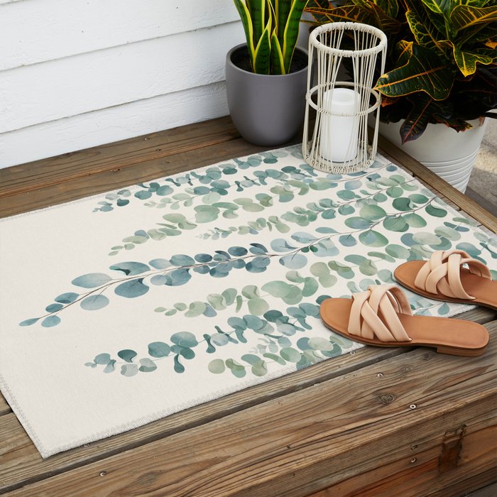 Watercolor Eucalyptus Leaves Outdoor Rug Gallery Image 2