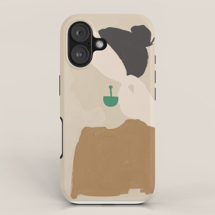Minimalist Woman with Green Earring iPhone Case Gallery Image 1