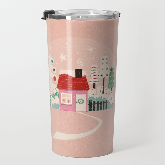 Festive Winter Hut in pink Travel Mug Gallery Image 3