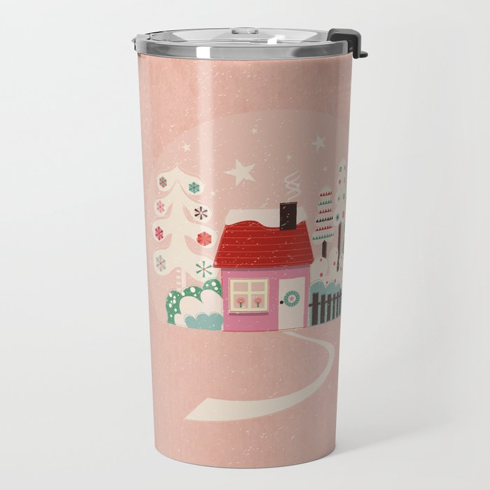 Festive Winter Hut in pink Travel Mug Gallery Image 2