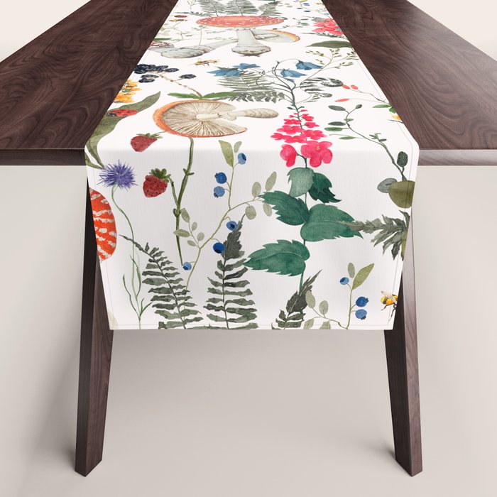 Watercolor Hand Drawn Mushroom Autumn Garden Table Runner Gallery Image 1