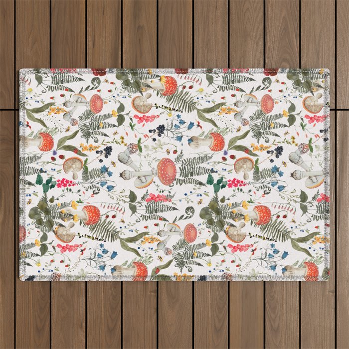 Watercolor Hand Drawn Mushroom Autumn Garden Outdoor Rug Gallery Image 1