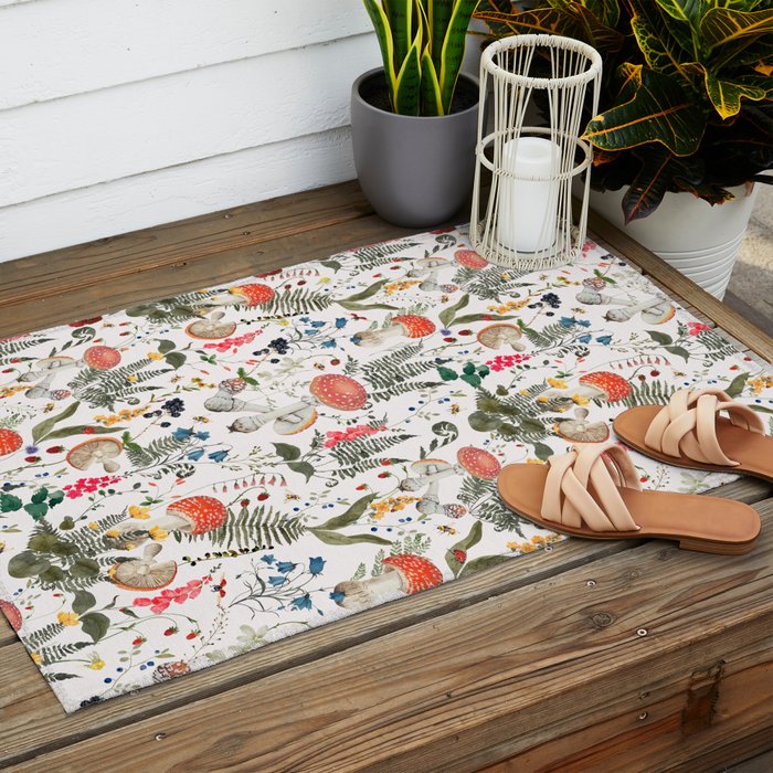 Watercolor Hand Drawn Mushroom Autumn Garden Outdoor Rug Gallery Image 2