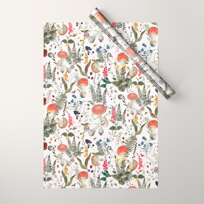 Watercolor Hand Drawn Mushroom Autumn Garden Wrapping Paper Gallery Image 1